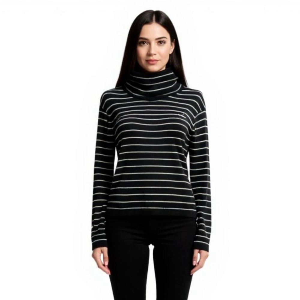 AllSaints Marty Rollneck Black Striped Sweater - Small